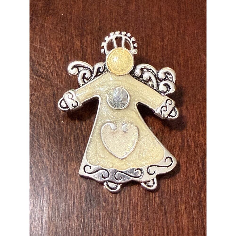 Holiday Winged Angel Halo Enamel Rhinestone Silver Tone Brooch Pin